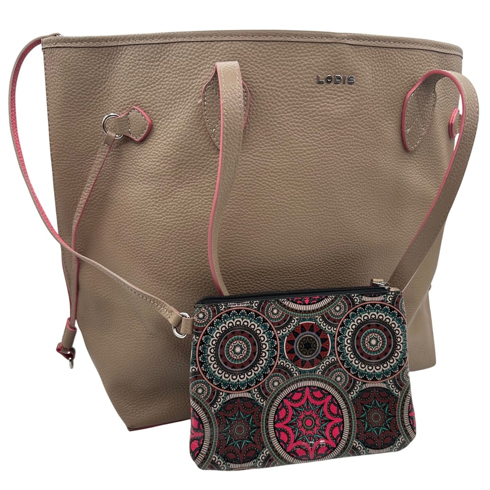 Lodis Beige Leather Tote Bag with Pink Trim Pebbled and Matching Printed Pouch